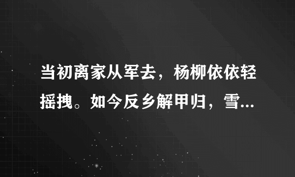 当初离家从军去，杨柳依依轻摇拽。如今反乡解甲归，雪花飘飘飞满野。填诗句