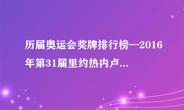 历届奥运会奖牌排行榜—2016年第31届里约热内卢奥运会奖牌排名