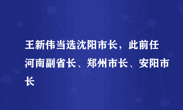王新伟当选沈阳市长，此前任河南副省长、郑州市长、安阳市长