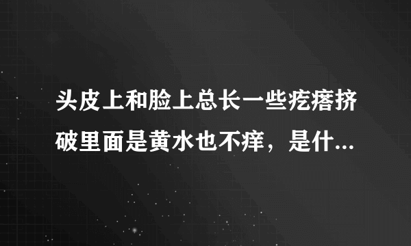 头皮上和脸上总长一些疙瘩挤破里面是黄水也不痒，是什么原因啊