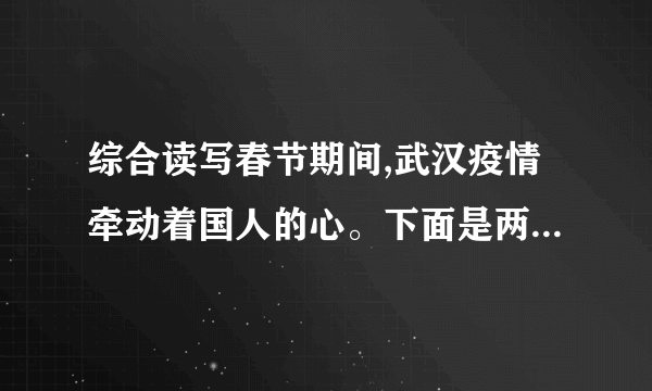 综合读写春节期间,武汉疫情牵动着国人的心。下面是两副抗疫对联,请你将下面的短语组合成两副对联,补写出第一副对联的上联,和第二副对联的下联。优怀百姓   爱暖三春   且看医者仁心涓流汇海荡初心   千里整装驰武汉   众志成城(1)第一副上联:_______________;下联:全民出手,但献凡人大爱,九州奋力送瘟神。(2)第二副上联:情倾一线,险涉千重,众志成城驱大疫;下联:_______________。学校拟举行“爱国在行动”主题活动,为了营造活动的氛围,请你围绕活动主题,拟写一条标语。