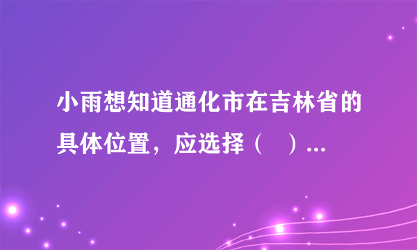 小雨想知道通化市在吉林省的具体位置，应选择（  ）A. 世界地形图B.  中国政区图C.  长春城市交通地图D.  吉林地图