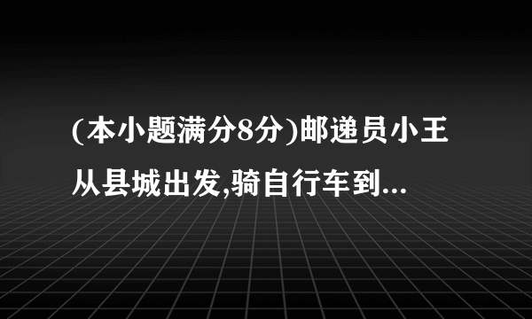 (本小题满分8分)邮递员小王从县城出发,骑自行车到A村投递,途中遇到县城中学的学生李明从A村步行返校.小王在A村完成投递工作后,返回县城途中又遇到李明,便用自行车载上李明,一起到达县城,结果小王比预计时间晚到1分钟.二人与县城间的距离(千M)和小王从县城出发后所用的时间(分)之间的函数关系如图,假设二人之间交流的时间忽略不计.(1)小王和李明第一次相遇时,距县城多少千M?请直接写出答案.(2)求小王从县城出发到返回县城所用的时间.(3)李明从A村到县城共用多少时间?