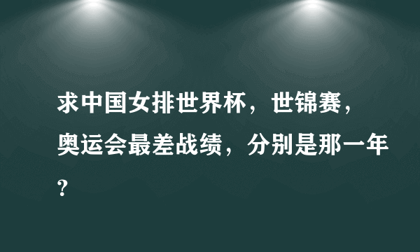 求中国女排世界杯，世锦赛，奥运会最差战绩，分别是那一年？