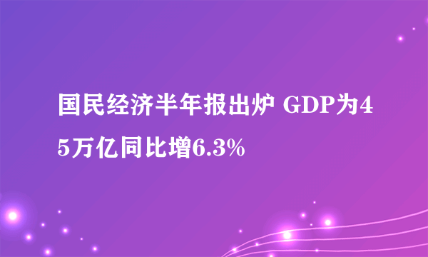 国民经济半年报出炉 GDP为45万亿同比增6.3%