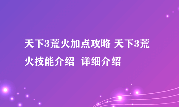 天下3荒火加点攻略 天下3荒火技能介绍  详细介绍